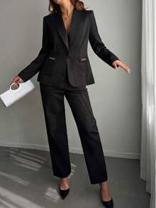 Islaluna Women's Solid Color Single-Button Long Sleeve Jacket And Pants Casual Business Suit Set Blazer Set Women Woman Suit Professional Clothes Women Sets Women Business Attire - Black - View 6