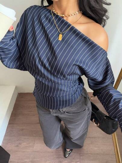 Siren Gaze Casual gestreepte blouse met asymmetrische schouders en lange mouwen voor dames, herfst