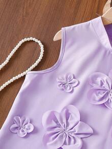 2pcs Tween Girls Casual Elegant Floral 3D Decor Vest Shirt & Pants Set - Purple - View 5