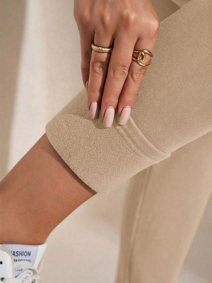 SHEIN LUNE 大码女式纯色保暖内衬休闲百搭通勤秋冬打底裤 - 杏色 - 查看 1