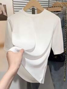 Franclia 女士圆领七分袖修身纯色T恤，春夏基础款纯色上衣 - 白色 - 查看 2