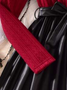 Autumn/Winter Striped Long Sleeve Collared Patchwork Brown Dress For Teen GirlLively & Fashionable, Suitable For Party, Daily Wear And More Occasions Red Long Sleeve Top Black Skirt Set Teen Girl Red Black Outfit Teen Girl Skirts Sets Elegant Set For Girls Skirt - Multicolor - View 4