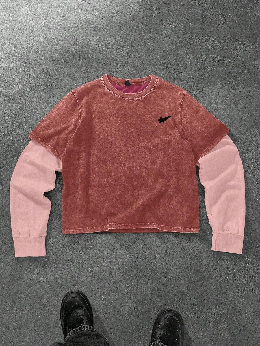 PAVTROS 男士卫衣，简约胸前图案贴片，圆领套头衫，短款，黑白撞色，运动休闲日常穿着，送给男友/老公的理想礼物，男女皆宜 - 紅色 - 查看 1