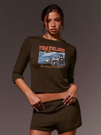 Athîral Damset med tryckt 3/4-ärm och shorts i 2 delar, avslappnad stil