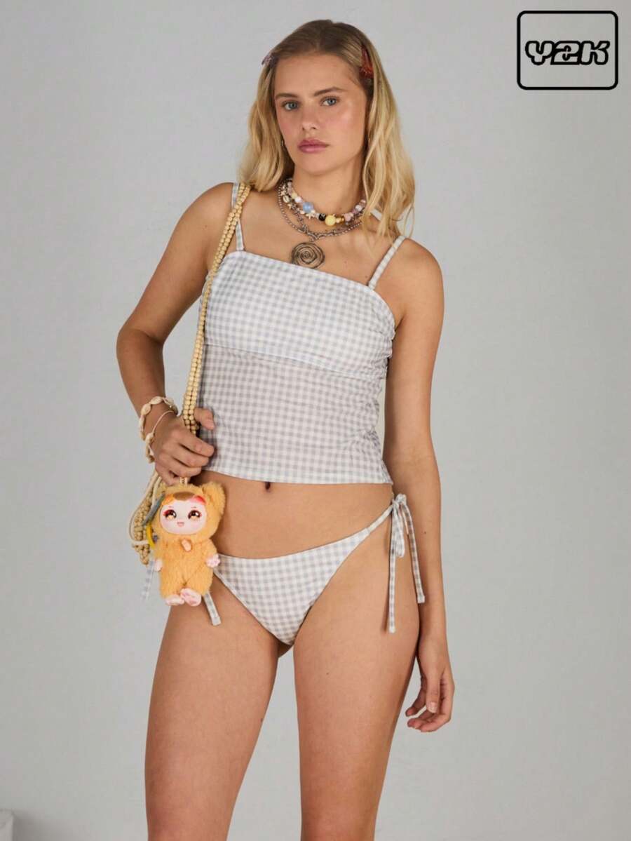 COUREZ Bộ bikini Tankini với quần cạp cao / Trang phục đi biển mùa hè/ Phong cách Y2K/ Phong cách cổ điển thường ngày - Xám - Xem 1