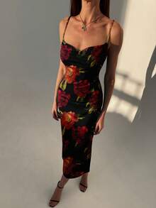 Aloruh 女士优雅复古通勤百搭派对性感时尚春夏垂褶领收腰情人节油画玫瑰印花吊带裙，情人节连衣裙，派对连衣裙，适合情人节约会、女士约会连衣裙、女士夜间外出连衣裙、女士夏季连衣裙、女士蜜月旅行装、女士优雅派对连衣裙、女士生日连衣裙 - 紅色和黑色 - 查看 6