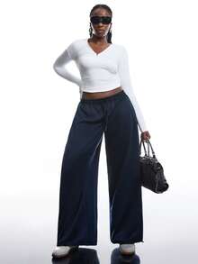 SHEIN EZwear Plus Size Solid Color Drawstring Waist Sweatpants, Versatile For Spring And Summer Graduation,Back To School Outfits,Graduation,Teacher Outfits For Women,Back To School - Navy Blue - View 3