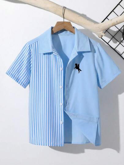 SHEIN Camisa de polo de manga corta con cuello, de niño preadolescente, con patrón de parches a rayas, casual, deportiva, para vacaciones, fiestas, versátil y adecuada para el verano