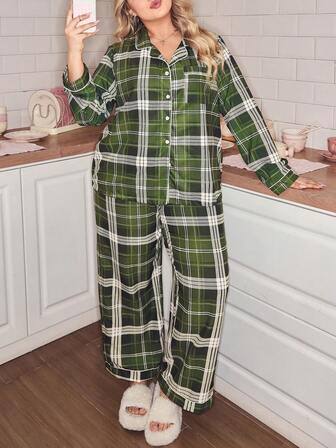 SweetSlumber Plaid Print Button-Front Long Sleeve Plus Size Pajama Set