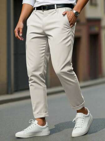 Manfinity Mode Pantalon casual d'affaires pour hommes de couleur unie avec poches en biais et boutons