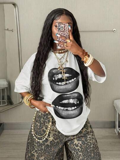 Coolane Oversized Casual Minimalist Street Style Black Lip Print Round Neck Short Sleeve Loose T-Shirt For Women, Suitable For Spring/Summer Carnival