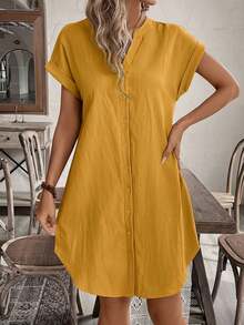 SHEIN Tall CURVE Plus Size Solid Color Notched Neck Button Front Casual Short Sleeve Dress - Yellow - View 6