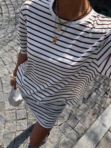 Muchica Striped Knit Women's Round Neck Short Sleeve T-Shirt And Drawstring Waist Mini Skirt Casual Set