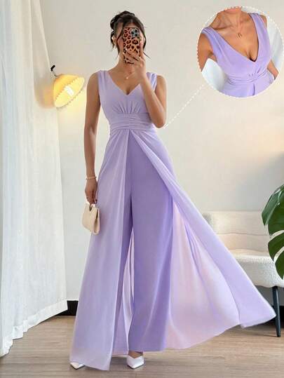 Breezaya Elegante mono de pierna ancha con cuello en V, cintura fruncida y perlas de gasa, adecuado para invitados de boda, color púrpura