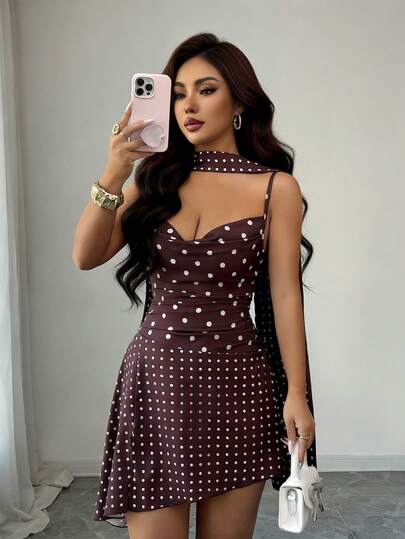 Selianne New Summer Sexy Dress, Polka Dot Print Patchwork, Draped Neckline, Pleated Waist, Sexy High Slit, Asymmetrical Ruffle Hem, Flowing Dress, Suitable For Vacation, Date, Wedding Season