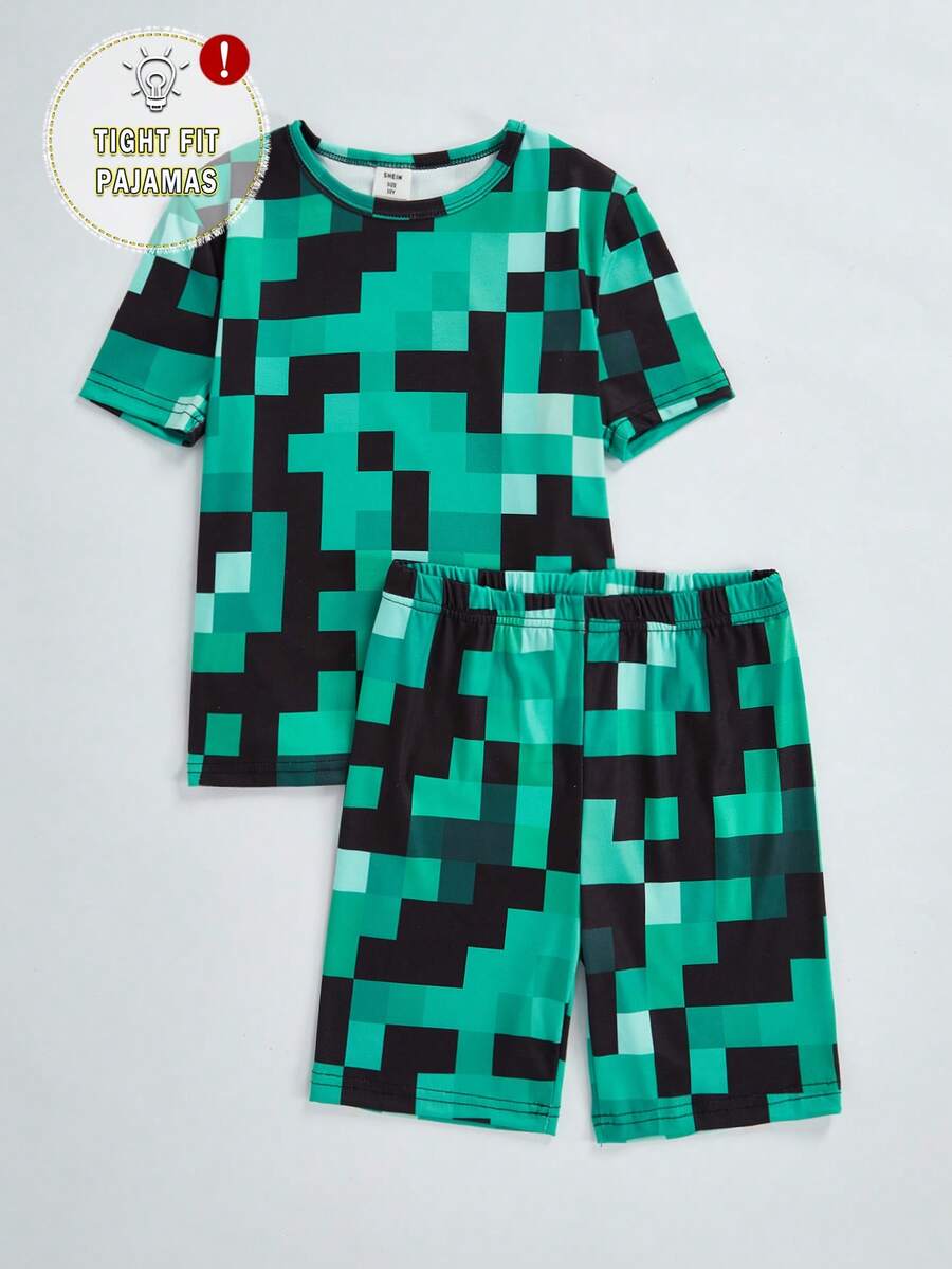 SHEIN GraphicGems Bộ quần áo bé trai in họa tiết kẻ caro kỹ thuật số, cổ tròn, tay ngắn, ôm sát, làm từ chất liệu co giãn thoải mái, thích hợp mặc thường ngày vào mùa xuân/hè. - màu xanh lá - Xem 1