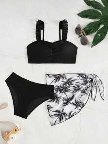 SHEIN 少女三件套比基尼：可爱纯色针织露背荷叶边上衣、褶皱泳裤和印花罩裙。时尚、优雅、休闲风格，适合夏季游泳、海滩度假等场合。 - 黑色 - 查看 4
