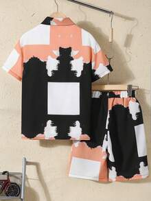 SHEIN 2pcs Tween Boys' Summer Casual Printed Shirt & Shorts Set - Orange - View 2