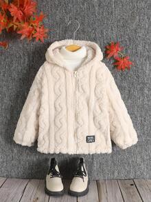 SHEIN 儿童秋冬服装 小女孩针织纯色蓬松字母刺绣连帽宽松法兰绒保暖休闲外套，秋冬季，非常适合休闲、日常穿着和上学。 - 杏色 - 查看 8