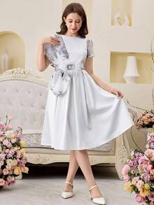 SHEIN Elegante vestaglia lunga vintage per ragazze adolescenti, adatta per le vacanze primaverili/estive, ispirata allo stile arabo mediorientale, con colletto alla coreana - Bianco - Visualizzare 3
