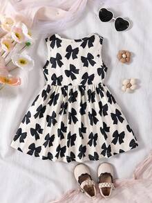 SHEIN 女婴蝴蝶结印花圆领无袖休闲连衣裙 - 彩色 - 查看 2