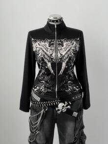 Sunspun 大码女式修身立领复古前卫朋克风印花水钻装饰前拉链夹克卫衣，秋冬款 - 黑色 - 查看 3