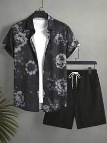 Manfinity Swimmode Floral Print Button Front Short Sleeve Shirt And Shorts Beach Outfit - Multicolor - View 2
