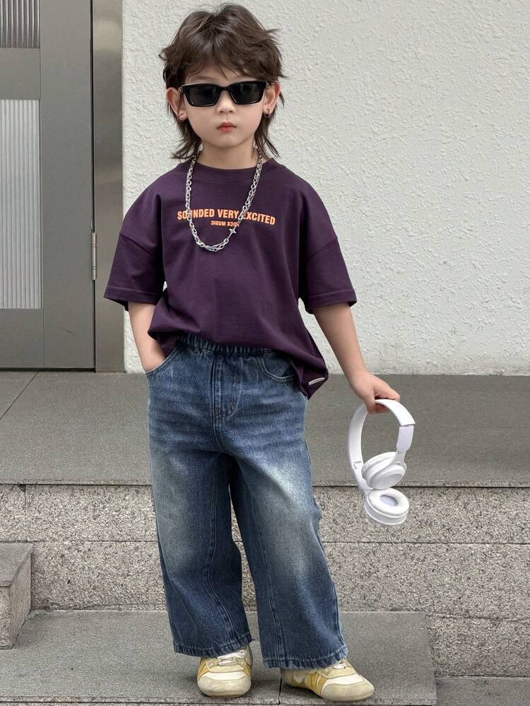 Young Boy Pocketed Button Casual Versatile Daily Wear Wide Leg Jeans