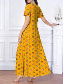 SHEIN Najma 女士黄色花卉图案V领短袖优雅连衣裙，扇形花卉植物印花，春夏款 - 彩色 - 查看 2