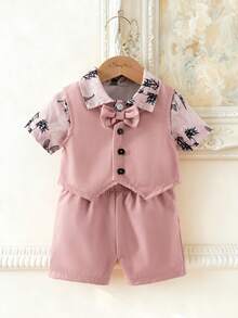 SHEIN 3pcs Baby Boys Gentleman Outfit Set,Floral Long Sleeve Shirt,Vest & Pants,Pink Check,Summer,Cute Modest,Wedding Guest Elegant Fashion Style Clothes - Multicolor - View 3