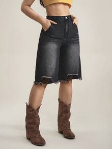 SHEIN Tall Women's High Waist Pocketed Distressed Frayed Hem Denim Shorts - Black - View 4