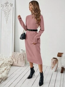 SHEIN LUNE 女士休闲、办公、通勤纯色立领针织连衣裙，秋冬季 - 藕粉色 - 查看 5