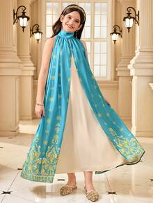 Tween Girl Loose Elegant Small Stand Collar Sleeveless Pattern Patchwork Solid Color Long Dress Tween Girl - Green - View 3