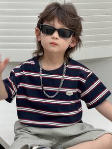 DAZY Camiseta de manga corta de cuello redondo holgada y casual con rayas para niño, verano - Azul Marino - Ver 1