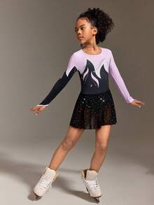 Tween Girl Contrast Color Print Dance & Ice Skating Activewear, Embellished With Shiny Rhinestones - Multicolor - View 5