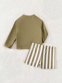 Baby Boys Swimwear, Casual Olive Green Tropical Casual Style Printed Knitted Fabric Long Sleeve Sunscreen Clothes, Quadrangle Shorts, Split Two Piece Set Long Sleeve Top Shorts, Casual Exquisite Cute Boys Suitable For Summer Vacation, Summer Beach Beach Swimming Pool, Summer Party Leisure Vacation Toddler Boy Beach Set Boy Rash Guard - Olive Green - View 2