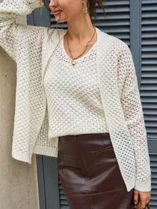 Cévolie 两件套马海毛镂空开衫套装，系带宽松针织背心和开衫，春秋季