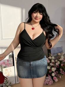 SHEIN EZwear Damen Große Größen Lässig Twist Design Trägerhemd V-Ausschnitt Schwarz Sexy Tops Sexy Damen Tops Herzausschnitt Tops Süßer Schwarzer Top Sexy Tops für Damen Tops für Damen Damen Tops für den Sommer Body Tops für Damen Push-up - Schwarz - Übersicht 3