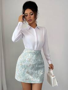 Elenzga Light Blue High-Waisted A-Line Jacquard Skirt,Summer Elegent Tea Party Fashionable Minimalist Design For Daily Commute,Fall,Halloween,Back To School - Blue - View 4