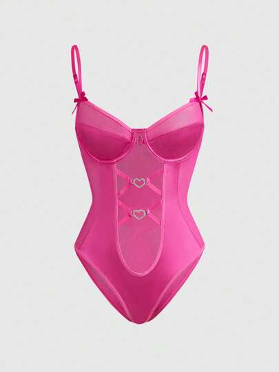 Kawaii Romantic Heart Metal Buckle Underwire Sexy Bodysuit