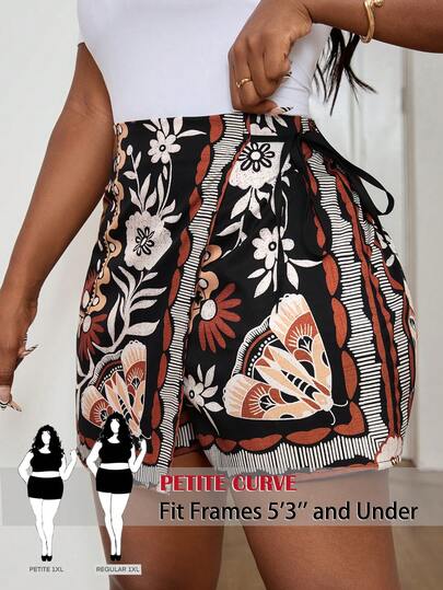 SHEIN PETITE CURVE Pantaloni culotte casual con stampa floreale e laccio per taglie forti donna
