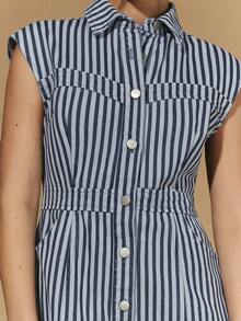 COSMINA Denim Women's Contrast Striped Print Shirt Dress, Single-Breasted Cap Sleeve Denim Dress, Elegant Chic Autumn Brunch Commuter A-Line Summer Casual - Blue - View 3