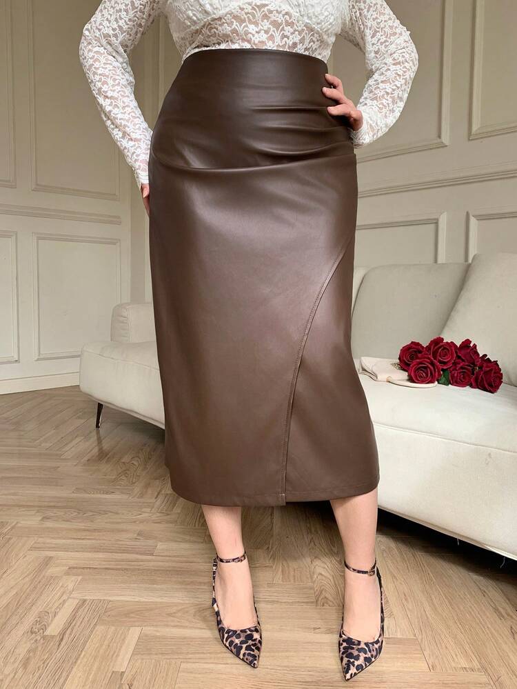 Dazy Plus Plus Size Women's Elegant PU Leather Elastic Front Slit Design Long Skirt, Spring/Autumn