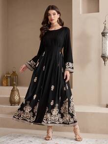 Al Najma Robe à manches longues col rond imprimé couleur contrastée style arabe pour femmes - Noir - Voir 3