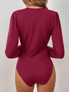 SHEIN Tall 女士纯色深V领长袖褶皱连体衣 - 紅木色 - 查看 2