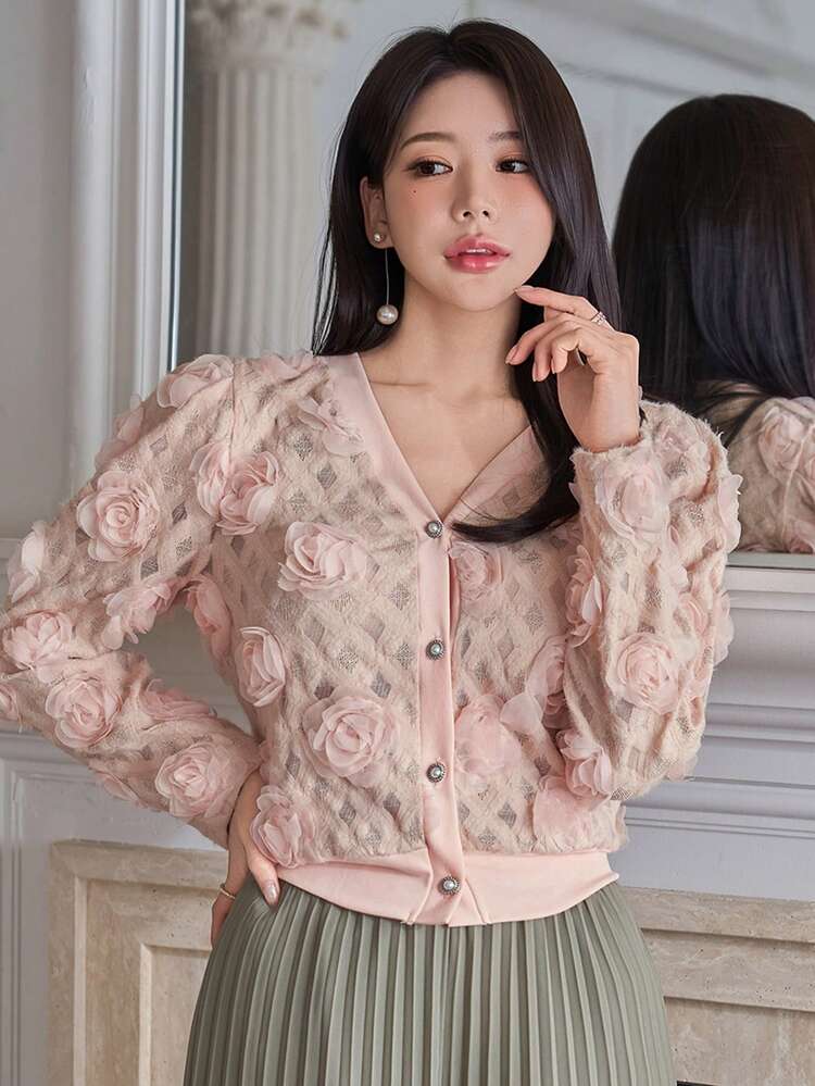 Women's Elegant V-Neck Puff Sleeve 3D Floral Blouse, Spring/Summer