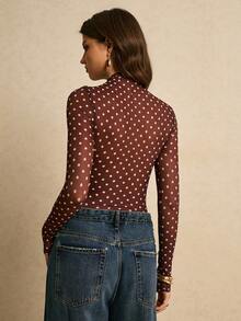 Poéselle 女士波点印花裹身修身长袖连体衣 - 酒紅色 - 查看 2