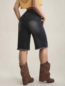 SHEIN Tall Women's High Waist Pocketed Distressed Frayed Hem Denim Shorts - Black - View 2
