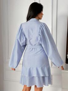 EURMUSE Blue & White Striped Short Dress With Puff Sleeves, Bow Tie Belt, And Ruffle Hem - Blue - View 2