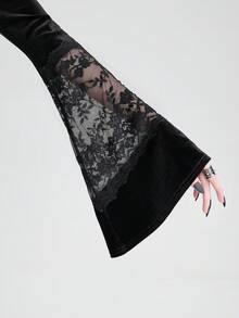 Breakform Women's Gothic Vintage Style Square Neck Lace Trim Velvet Patchwork Flare Sleeve Sexy Crop Top, Suitable For Holidays, Daily Wear, Back To School - Black - View 6
